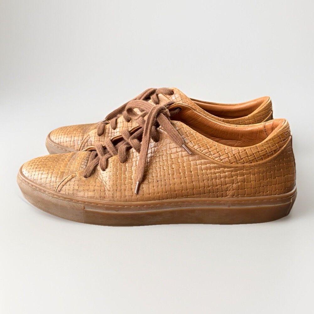 Aquatalia Alaric Basketweave Woven Leather Lace Up Sneakers Size 11 Mens Tan